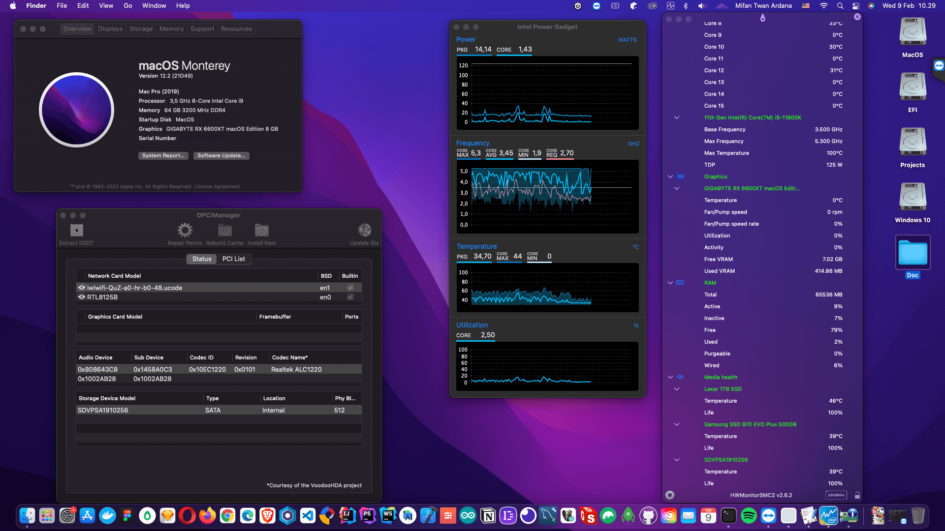 Success Hackintosh macOS Monterey 12.2 Build 21D49 in Gigabyte Z590 Aorus Elite AX + Intel Core i9 11900K + Gigabyte RX 6600XT